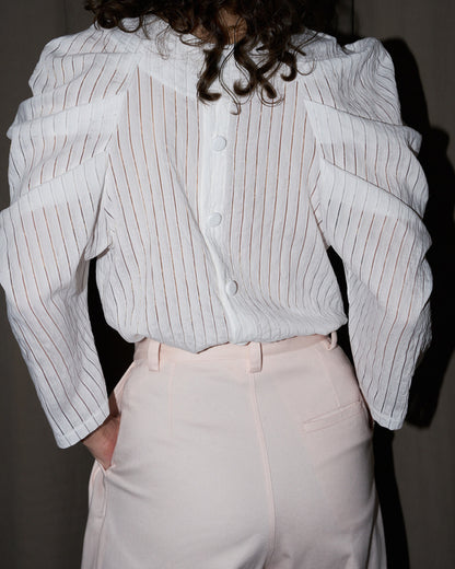 Uma - Pleated Sleeve Top - White on White Stripe