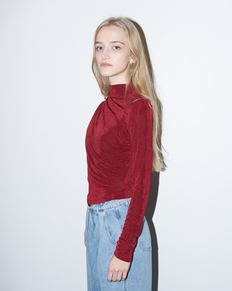 Lori - Ruched Asymmetrical Jersey Top - Cherry