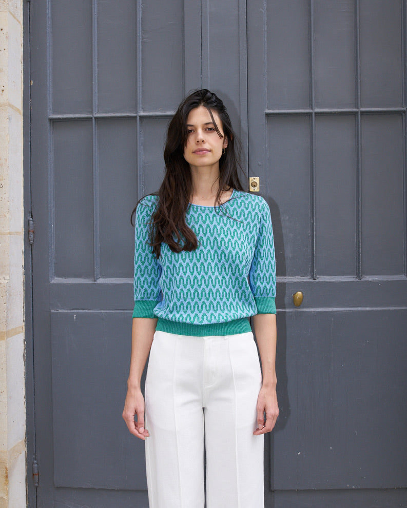 Slim - Wave Jacquard light Sweater - Green/Light Blue
