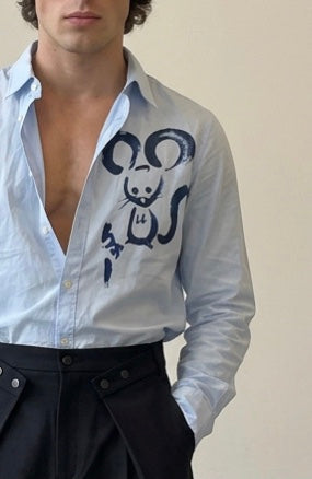 Patsy - Poplin Shirt with Mouse Print - Sky blue