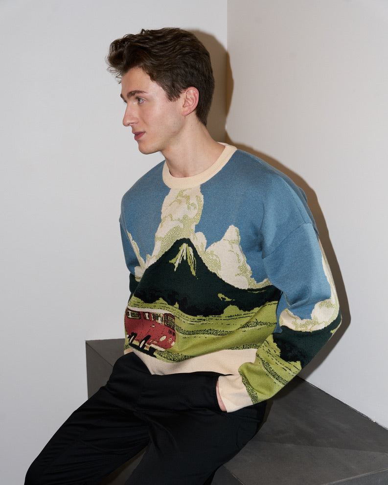 Jack - Landscape Jacquard Warm Sweater - Blue