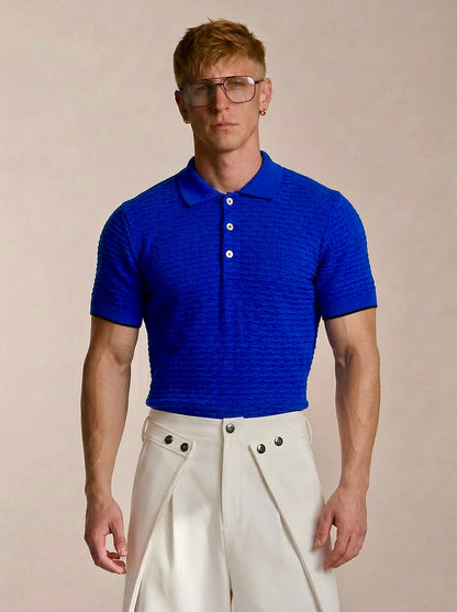 Peter - Textured Knit Polo Shirt - Cobalt blue
