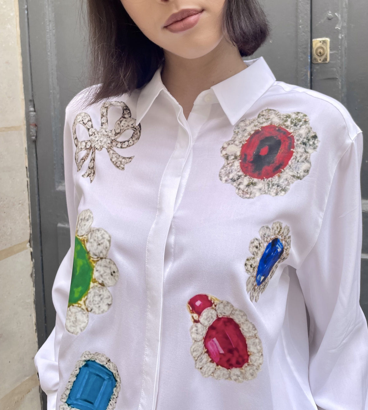 Adan - Jewel Print Oversized Silk Shirt - white