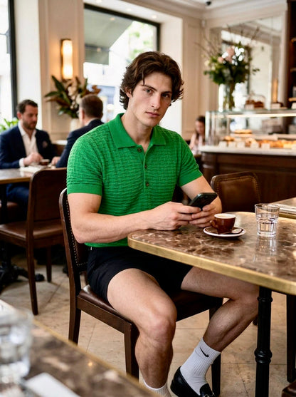 Peter - Basket-Weave Knitted Polo Shirt - Grass Green