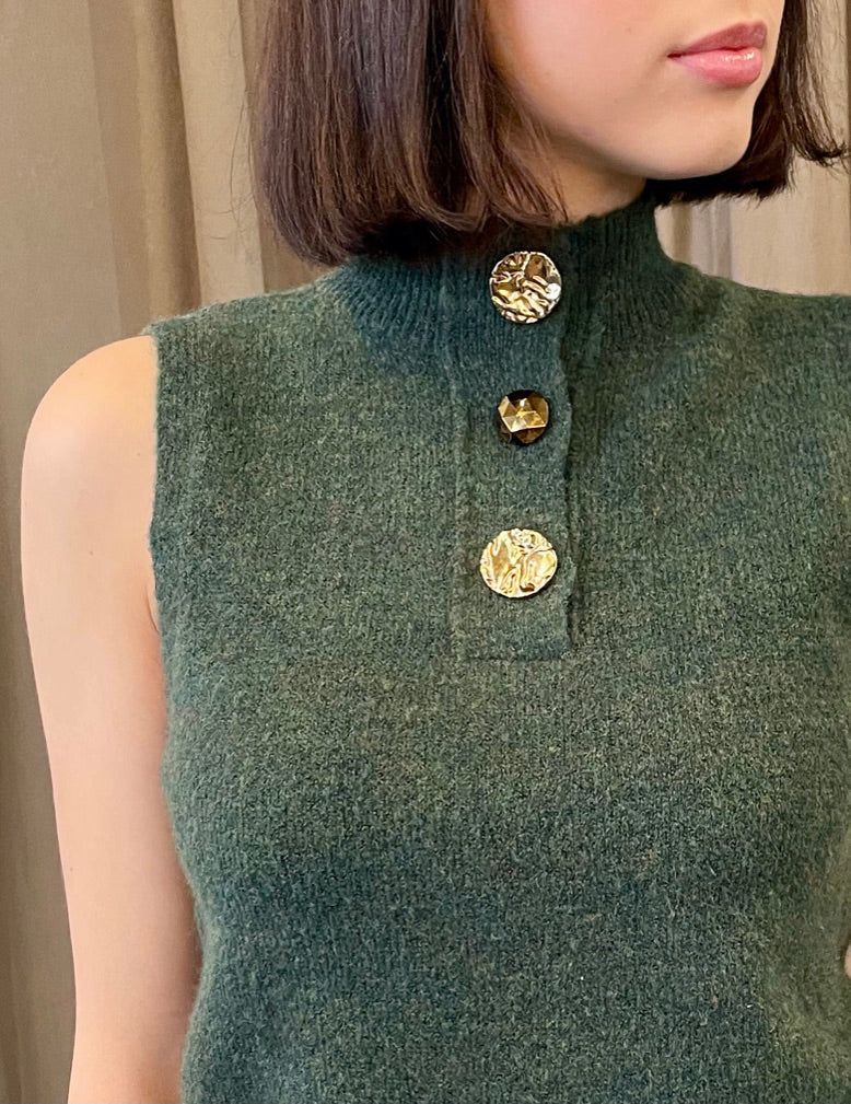 Zeta - High-Neck Soft Cashmere Vest with Bijou Buttons