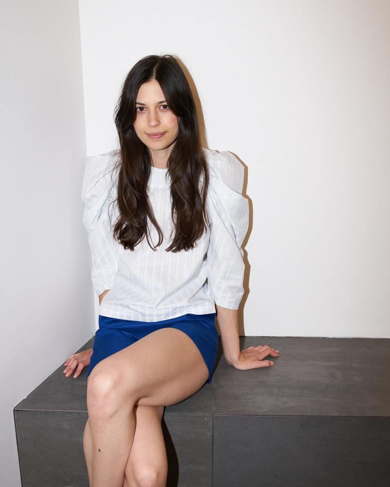 Uma - Pleated Sleeve Top - Pastel Blue White Stripe