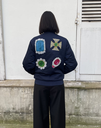 Jason - Aviator Puffer Jacket with Jewel Print — Navy Blue