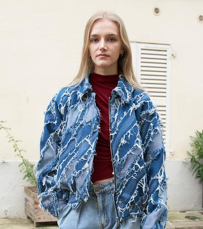 Grayson - Distressed Blue Denim Fringed Jacket