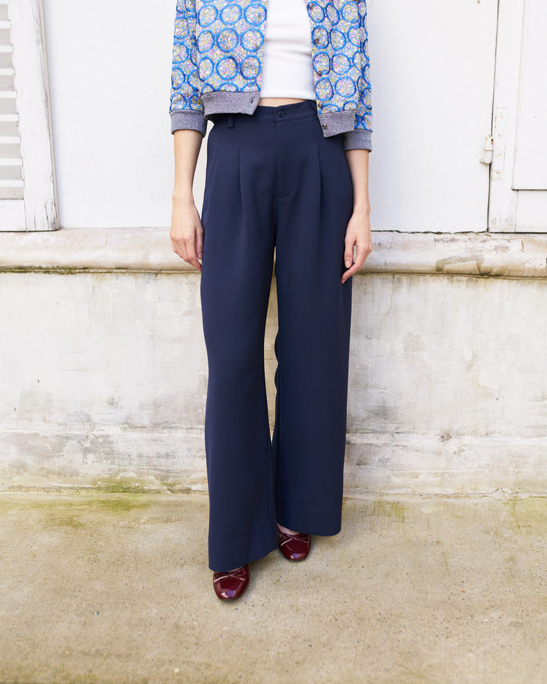 Daenerys-Wide Leg Pleated Pants - Navy