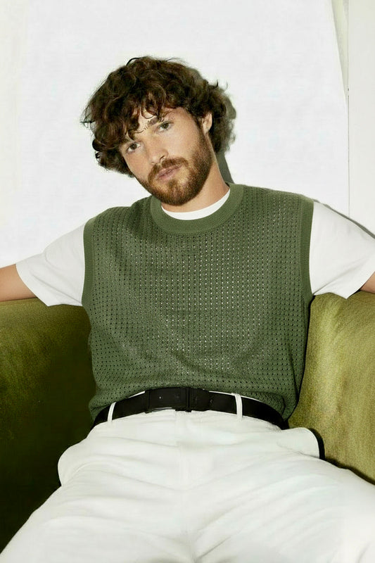 Pan - Sleeveless olive green knitted vest - Men