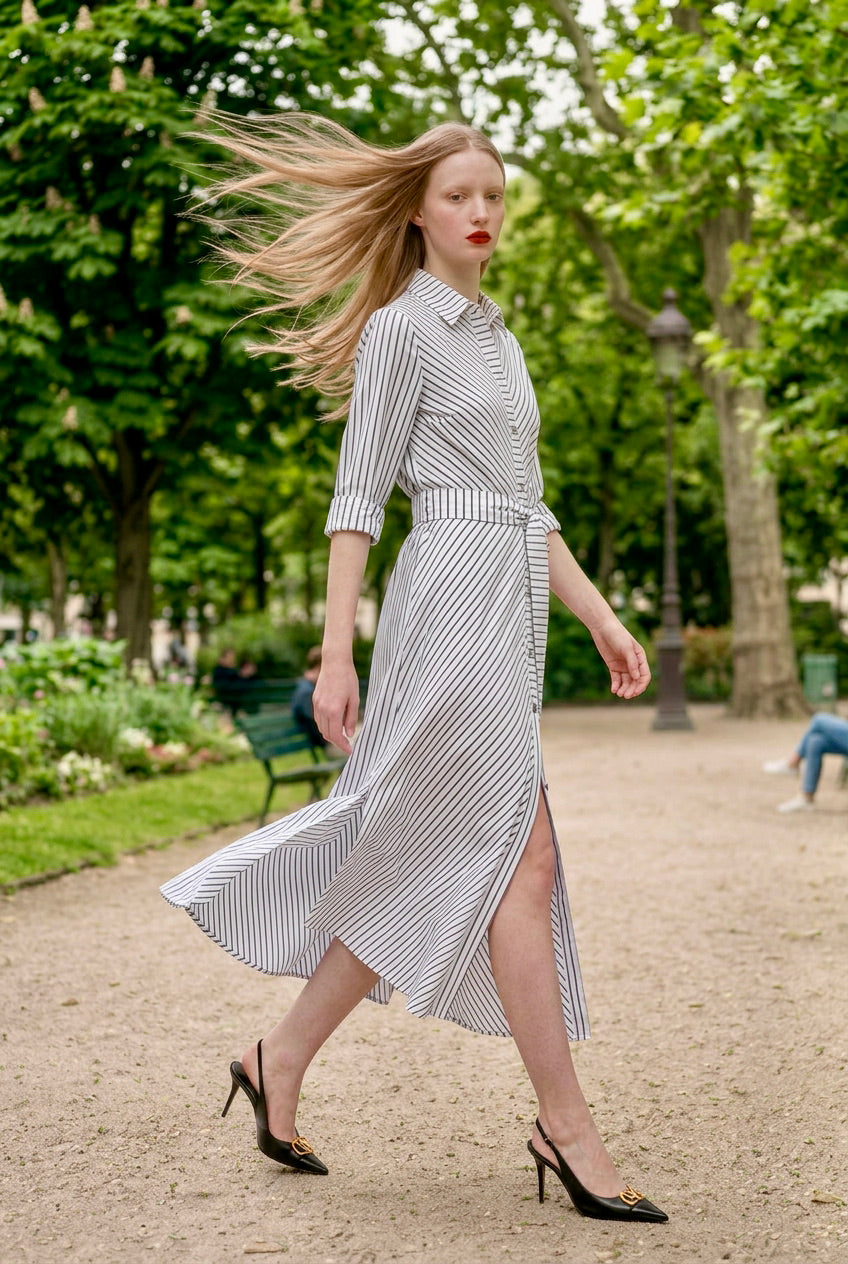 Vita - Bias-cut Silk Long shirt dress - Rosewood stripe