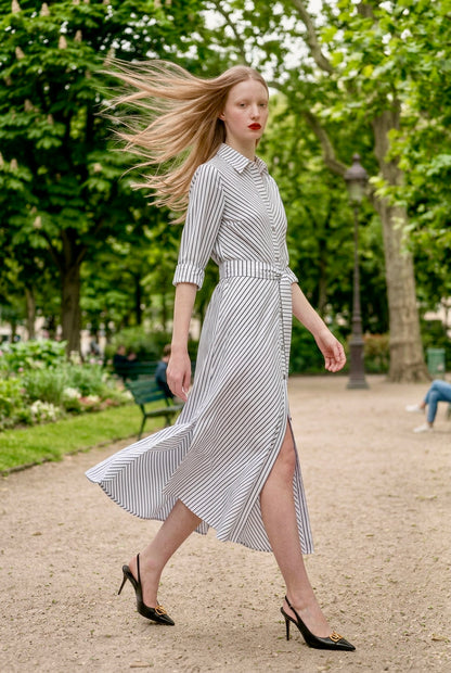 Vita - Bias-cut Silk Long shirt dress - Rosewood stripe