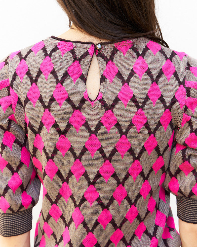 Margaery-Puff Sleeve Geometric Jacquard Sweater-Pink/Beige/Prune