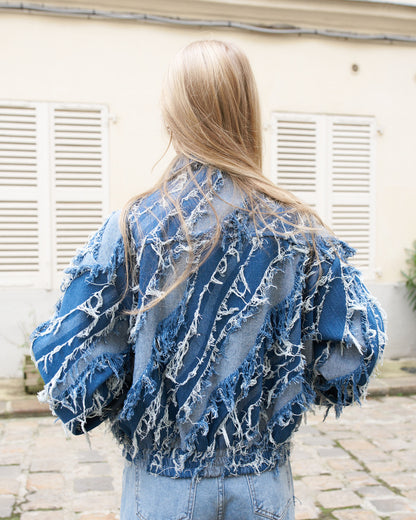 Grayson - Distressed Blue Denim Fringed Jacket