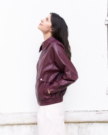 Ramon-Oversized Vegan Leather Retro Jacket-Burgundy