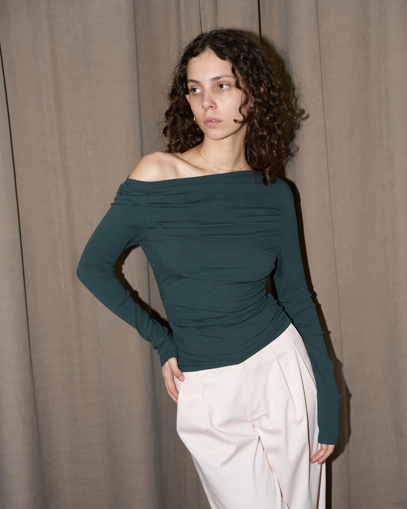 Anitra - Ruched Ribbed Top - Green