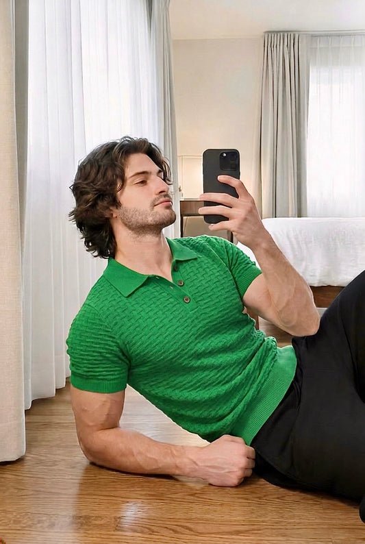 Peter - Basket-Weave Knitted Polo Shirt - Grass Green