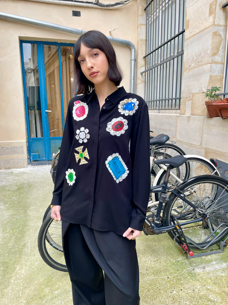 Adan - Jewel Print Oversized Silk Shirt - black
