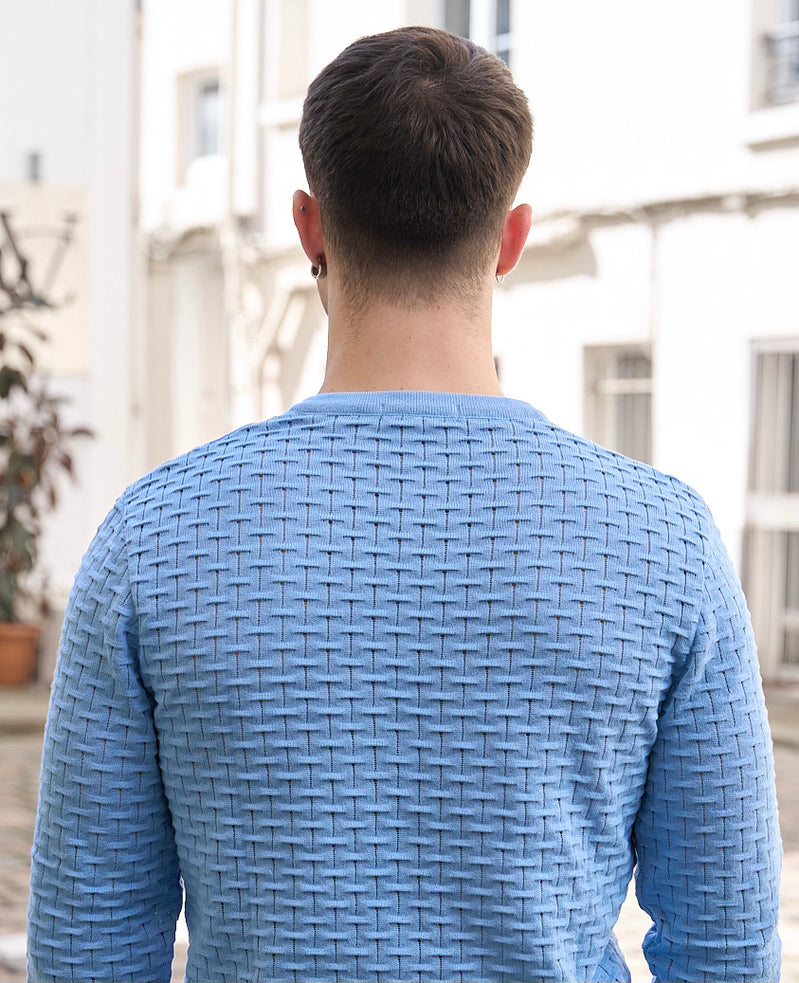 Bryce - Classic Fit Round Neck Basket Weave Knit Sweater - Light Blue