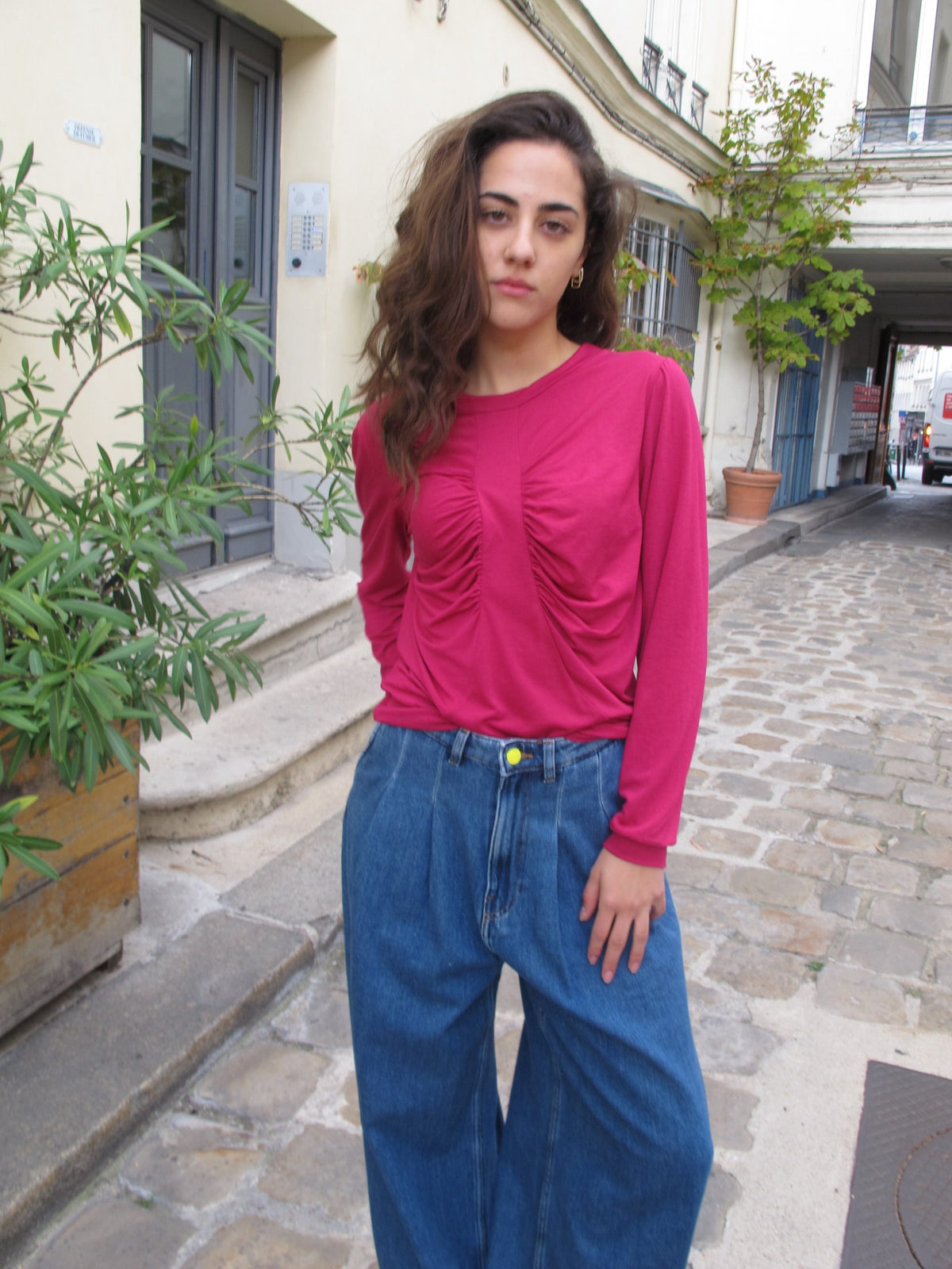 Cassy - Soft Jersey Ruched Top - Magenta