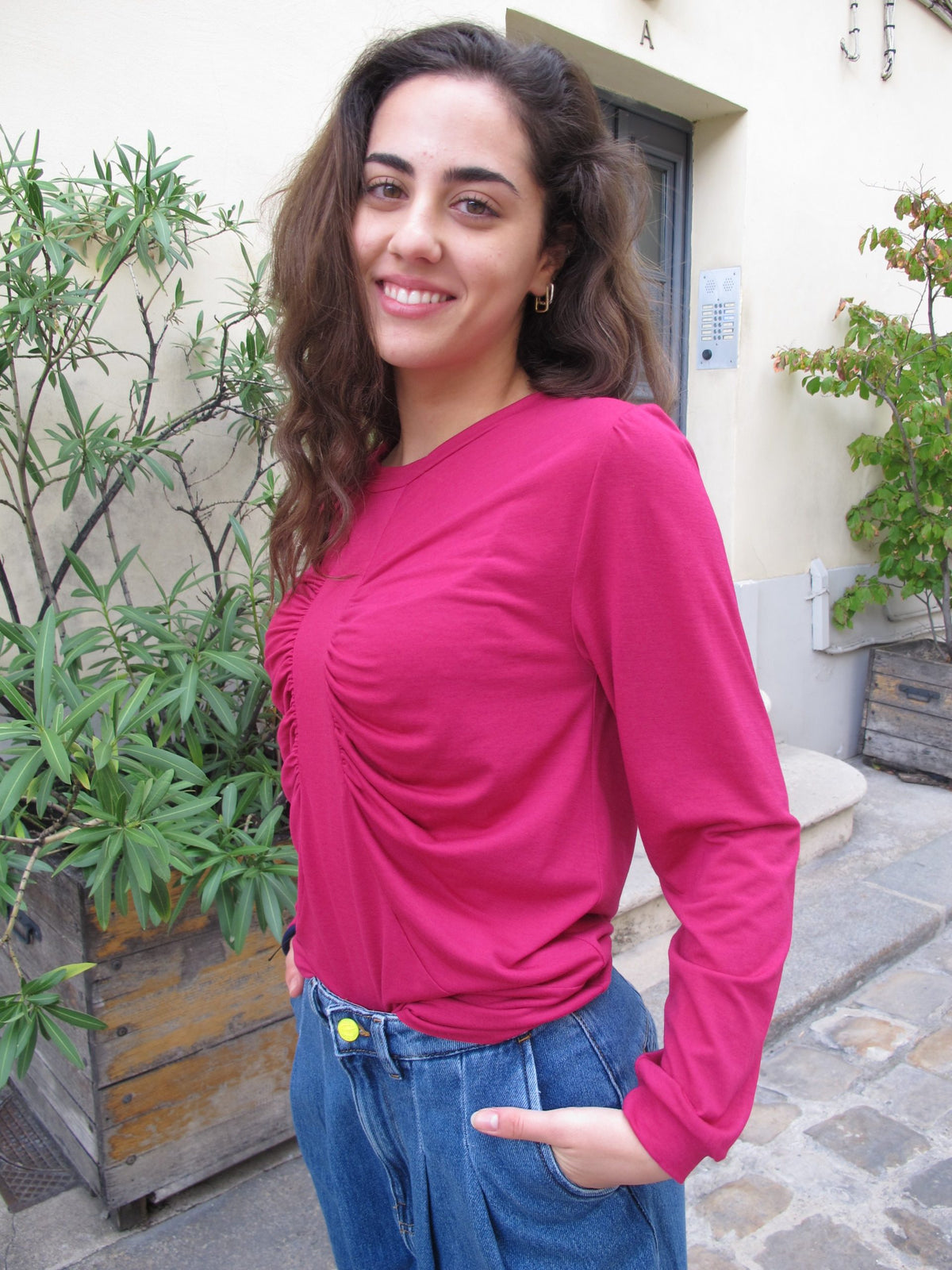 Cassy - Soft Jersey Ruched Top - Magenta
