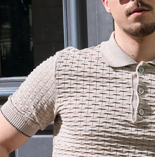Peter - Basket Weave Knitted Polo Shirt - Melange Beige