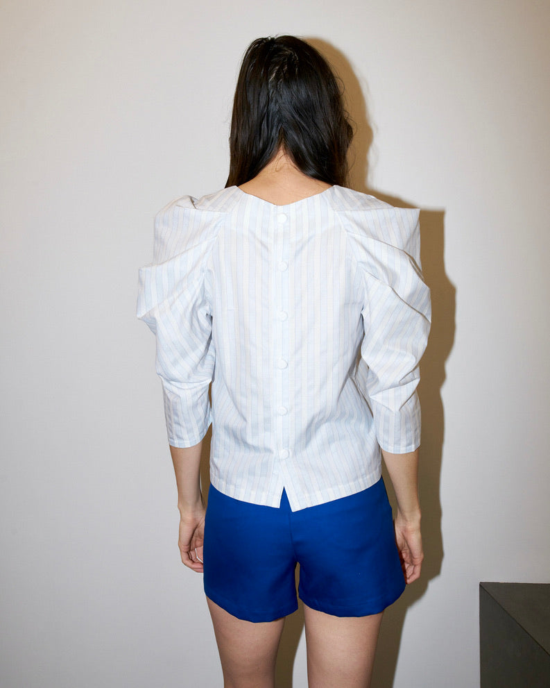 Uma - Pleated Sleeve Top - Pastel Blue White Stripe