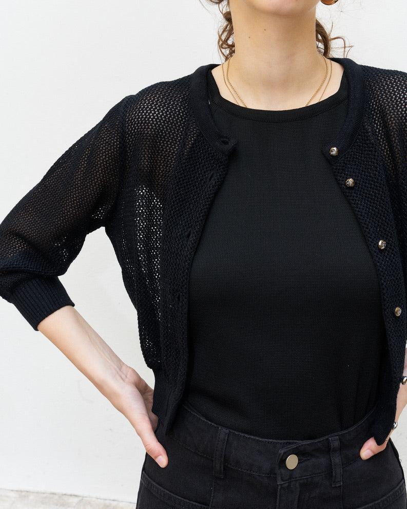 Orfea-Mesh Knit Crop Cardigan-Metallic Black