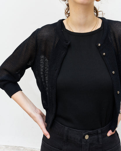 Orfea-Mesh Knit Crop Cardigan-Metallic Black