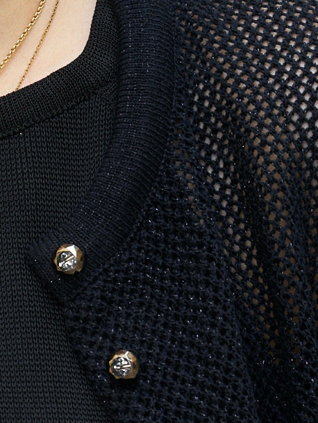 Orfea-Mesh Knit Crop Cardigan-Metallic Black