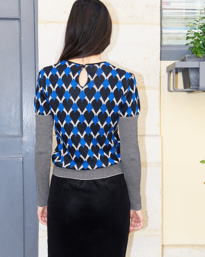 Helisandre-Graphic Jacquard Sweater-Blue/Cream/Black