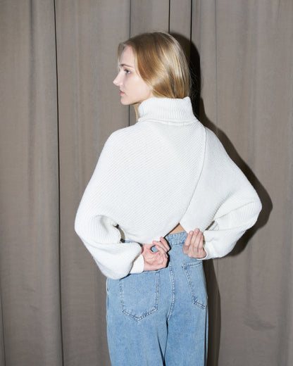 Ava - Crop Knit Petal Turtle Neck Sweater - Off White