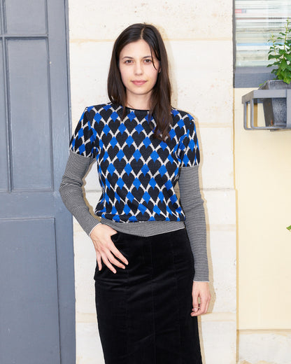 Helisandre-Graphic Jacquard Sweater-Blue/Cream/Black