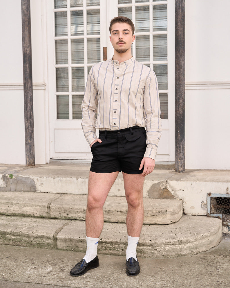 Remi - Mandarin Collar Stripe Poplin Shirt - Beige, white, navy