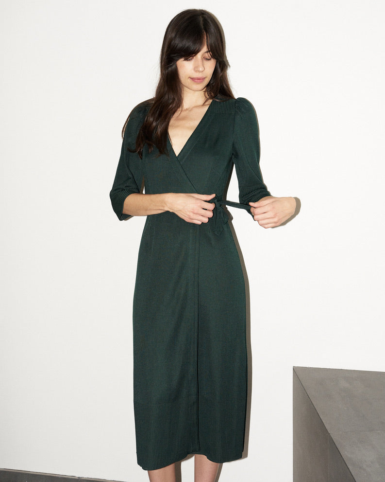 Arwaya - Silk Knit High Waist Wrap Dress - Dark Green