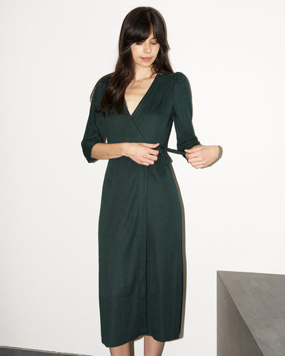 Arwaya - Silk Knit High Waist Wrap Dress - Dark Green