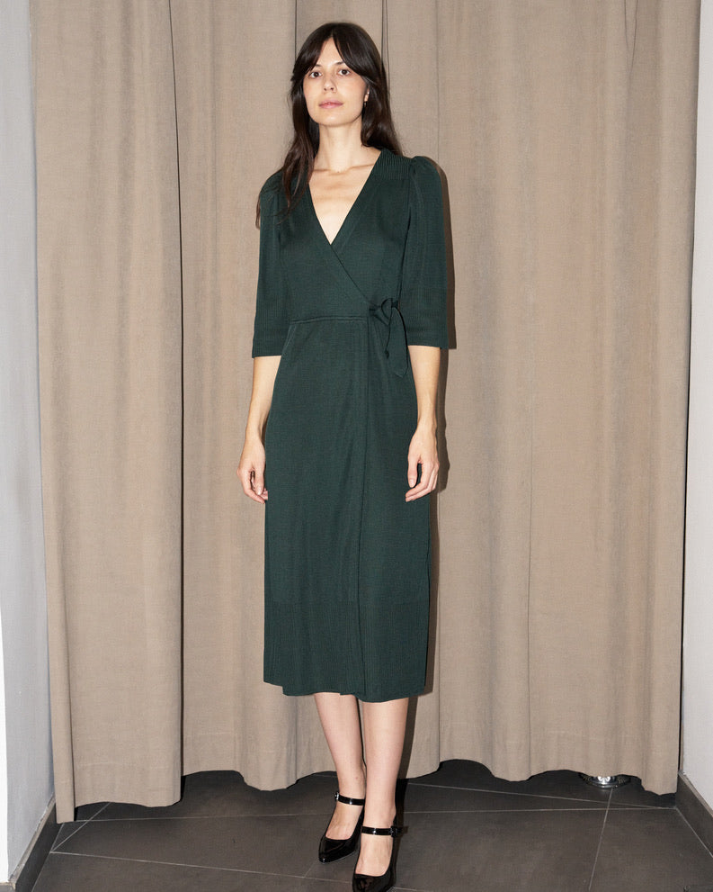 Arwaya - Silk Knit High Waist Wrap Dress - Dark Green