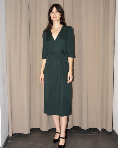 Arwaya - Silk Knit High Waist Wrap Dress - Dark Green