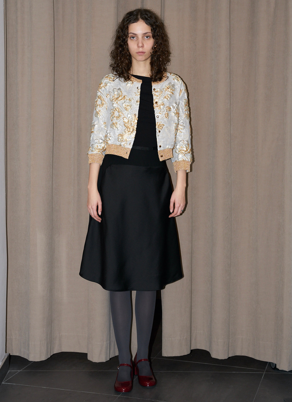 Selina - Silk Brocade Crop Jacket in Gold & Silver Floral Pattern