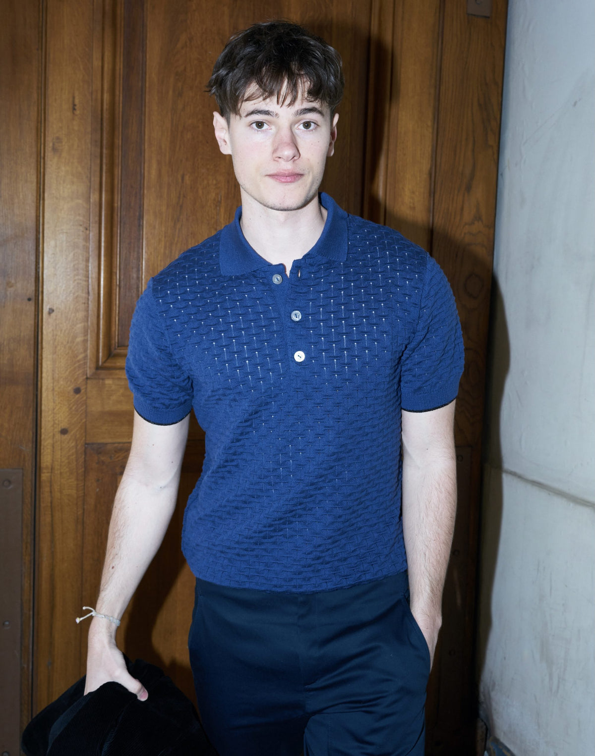 Peter-Textured Knit Polo Shirt-Navy Blue