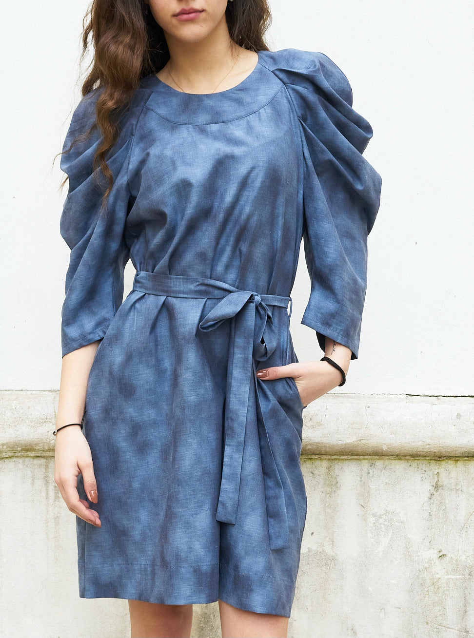 Sadie-Pleated Sleeve Short Dress-Grey Blue Abstract Print