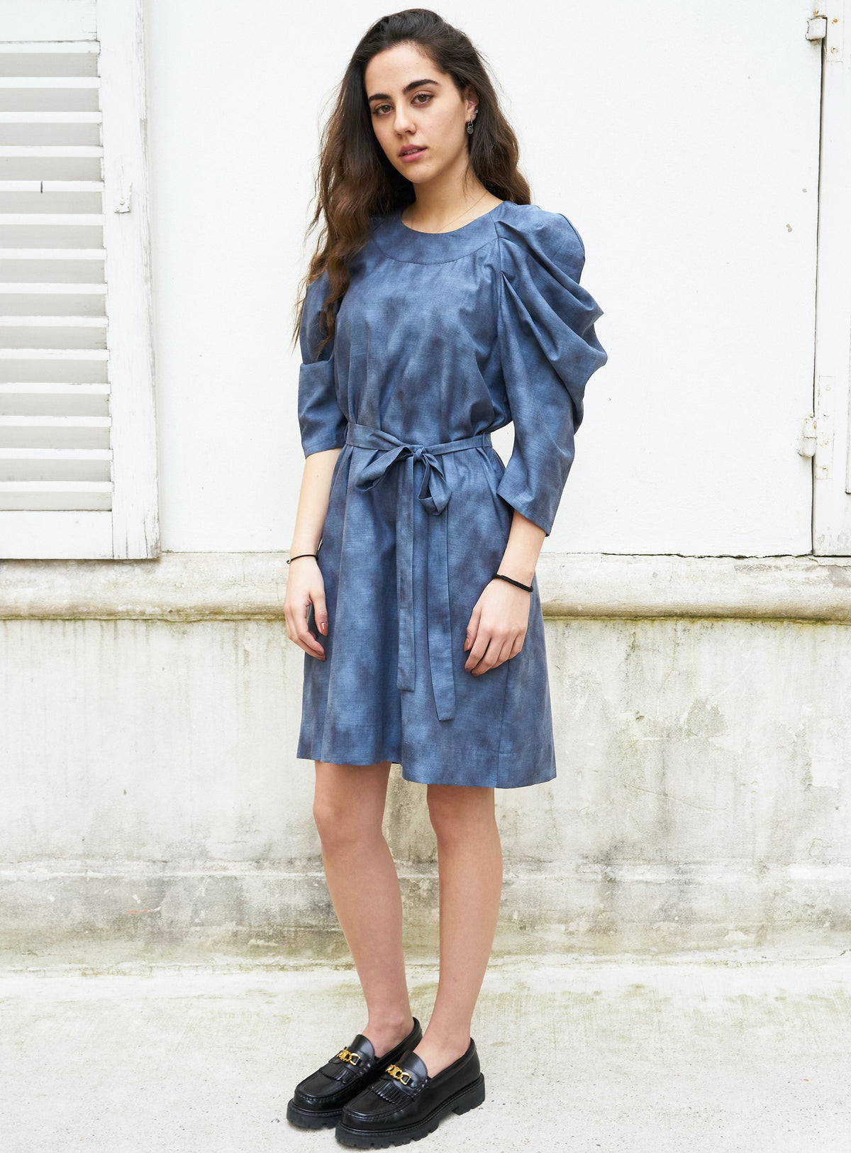 Sadie-Pleated Sleeve Short Dress-Grey Blue Abstract Print