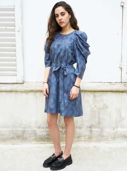 Sadie-Pleated Sleeve Short Dress-Grey Blue Abstract Print