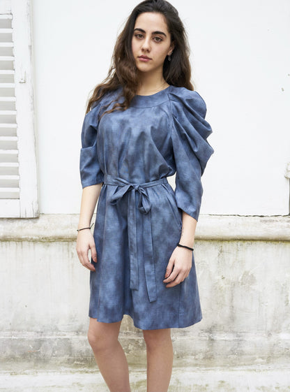 Sadie-Pleated Sleeve Short Dress-Grey Blue Abstract Print