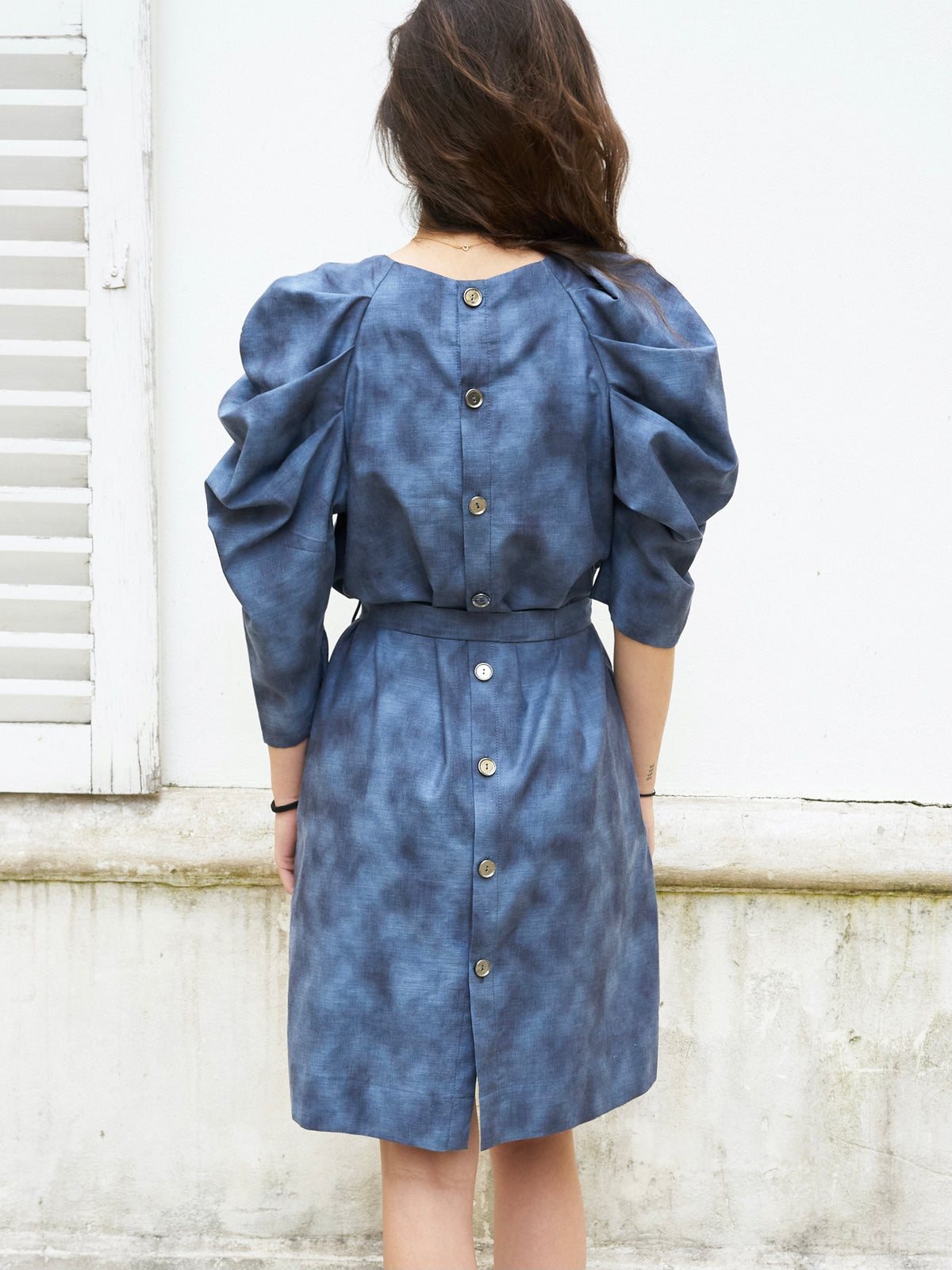 Sadie-Pleated Sleeve Short Dress-Grey Blue Abstract Print