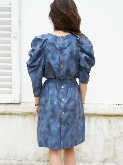 Sadie-Pleated Sleeve Short Dress-Grey Blue Abstract Print