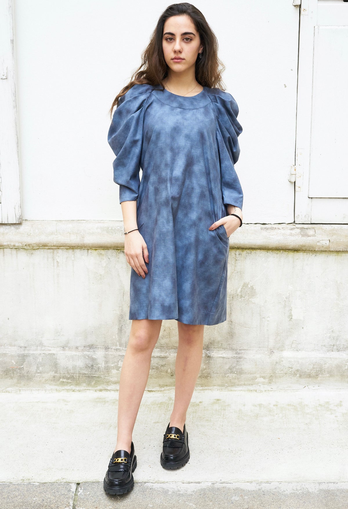 Sadie-Pleated Sleeve Short Dress-Grey Blue Abstract Print