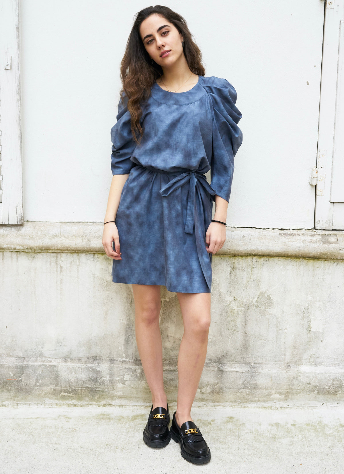 Sadie-Pleated Sleeve Short Dress-Grey Blue Abstract Print