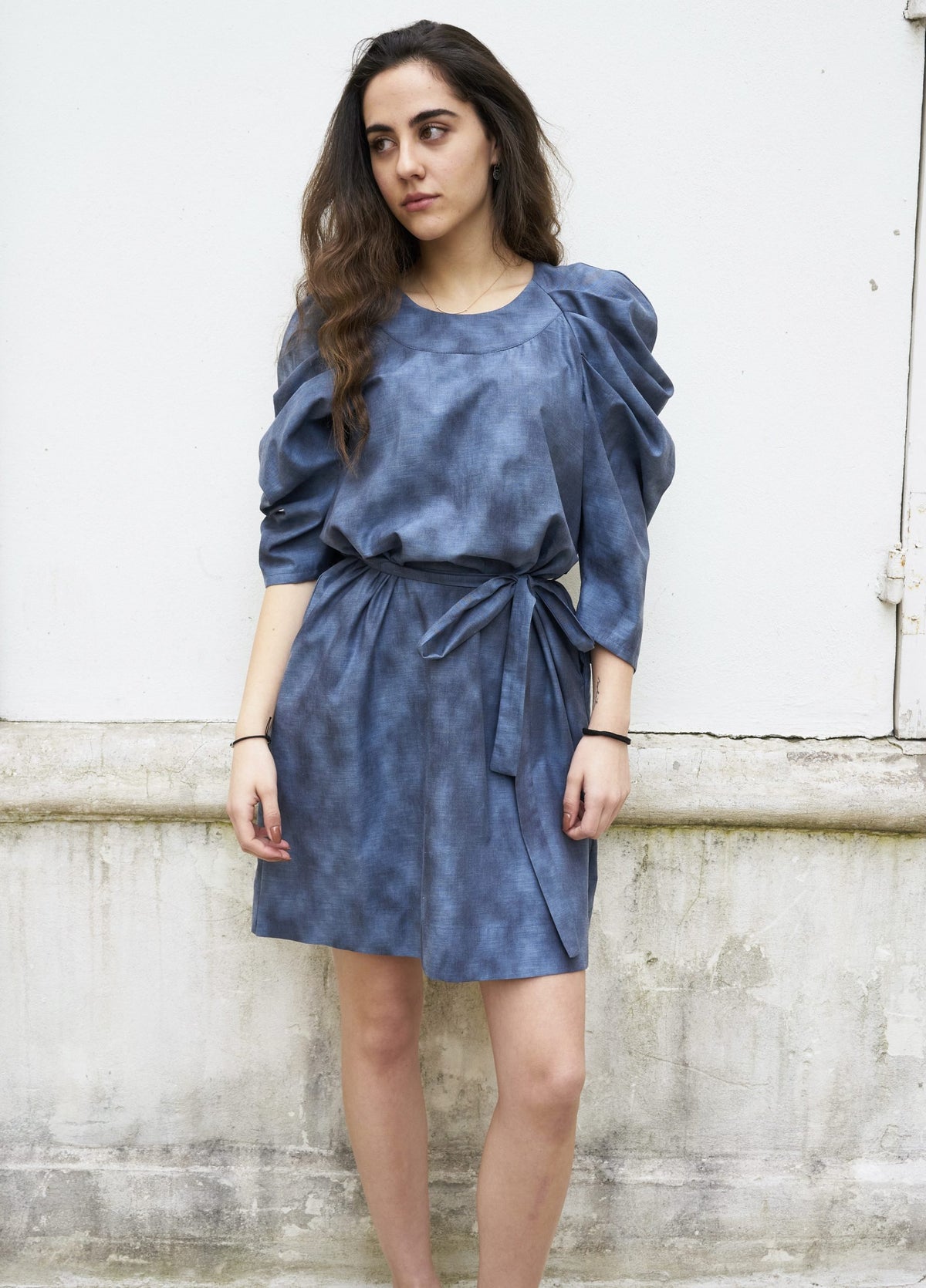 Sadie-Pleated Sleeve Short Dress-Grey Blue Abstract Print