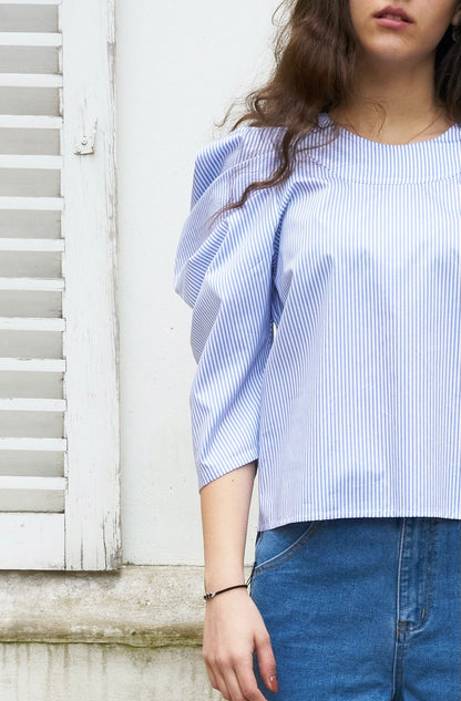 Uma-Pleated Sleeve Top-Blue/White Stripe